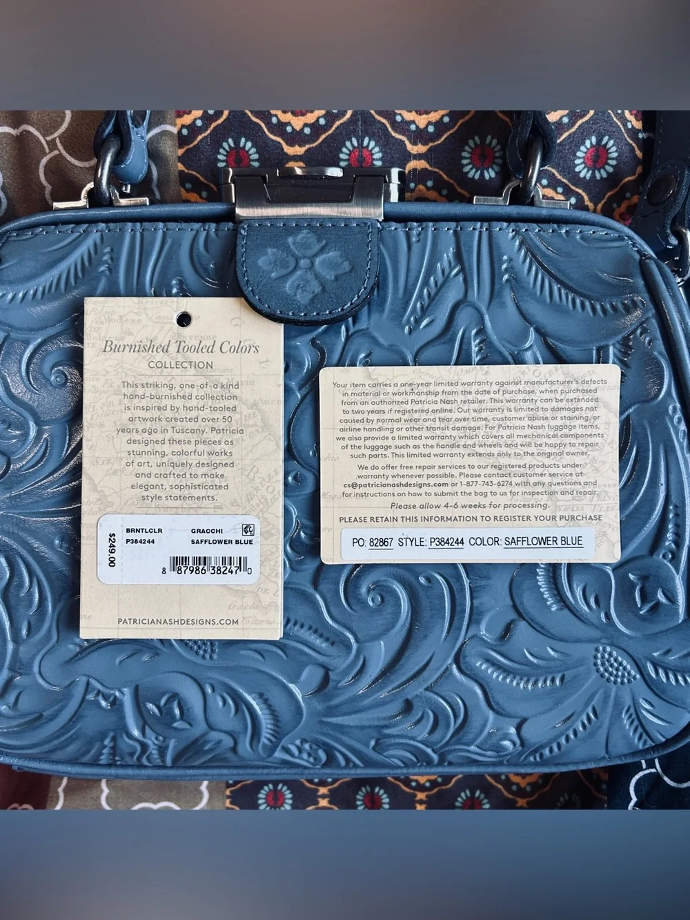 Patricia Nash Gracchi Tooled Leather Frame Satchel P384244 Safflower Blue
